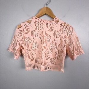 Peach Top Women Medium Pink Lace Short Sleeve Mock Neck Sheer Crop Coquette Boho